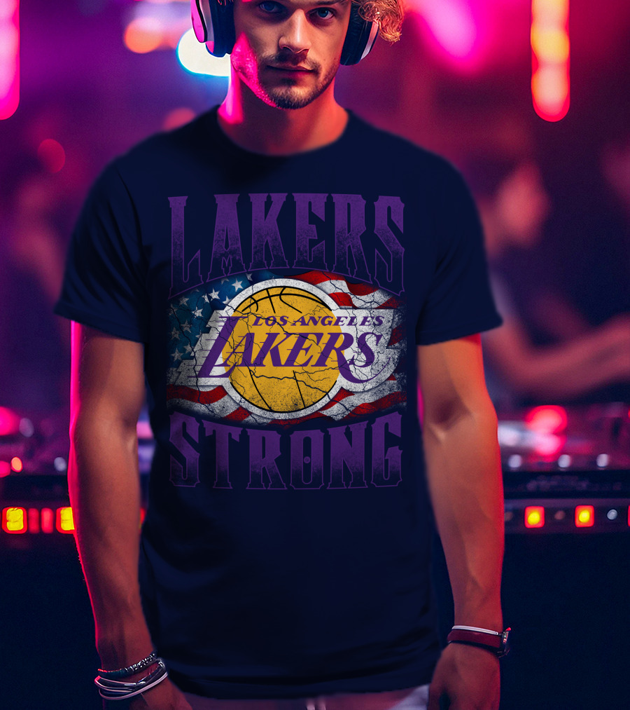 Los Angeles Lakers Strong American Flag Basketball T-Shirt
