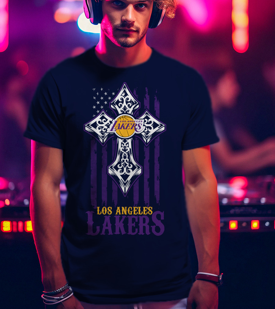 Los Angeles Lakers Cross American Flag T-Shirt