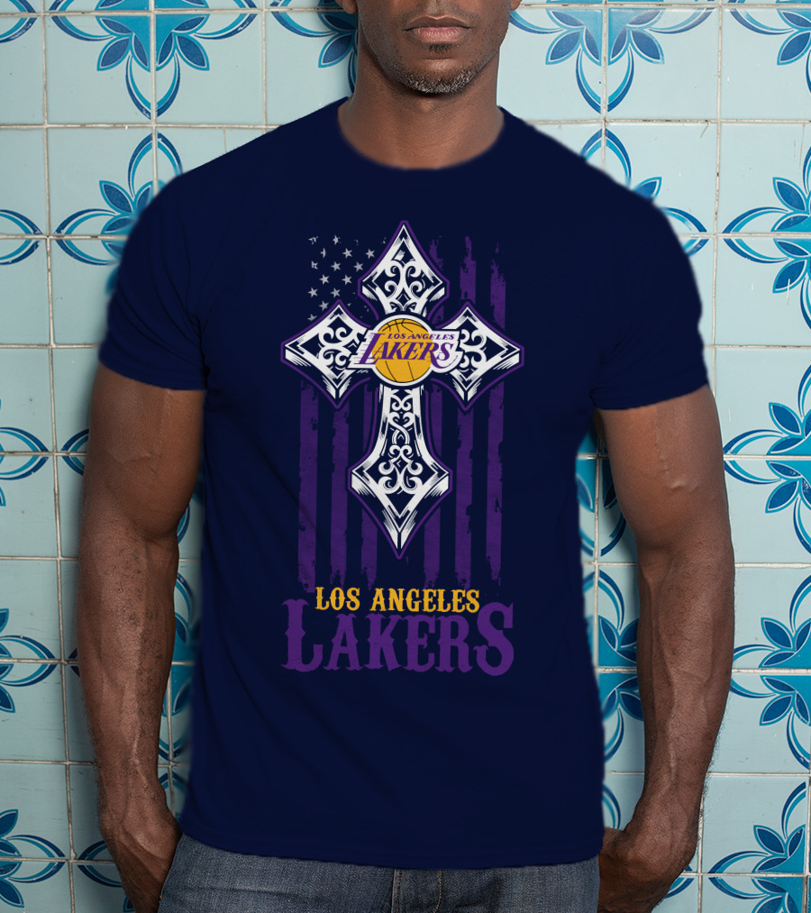 Los Angeles Lakers Cross American Flag T-Shirt
