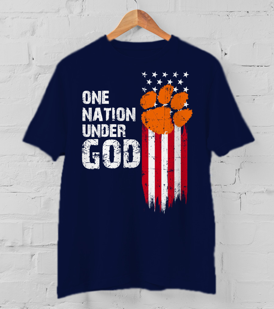One Nation Under God Clemson Tigers American Flag Paw Print T-Shirt