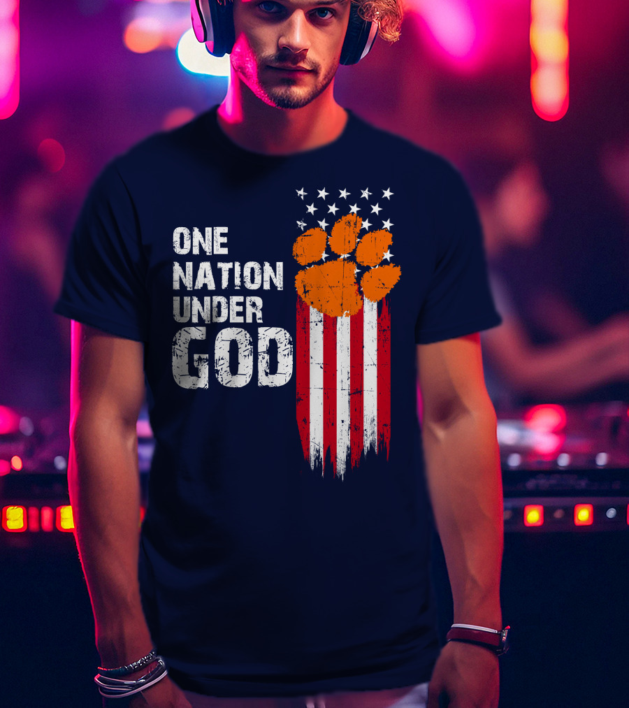 One Nation Under God Clemson Tigers American Flag Paw Print T-Shirt
