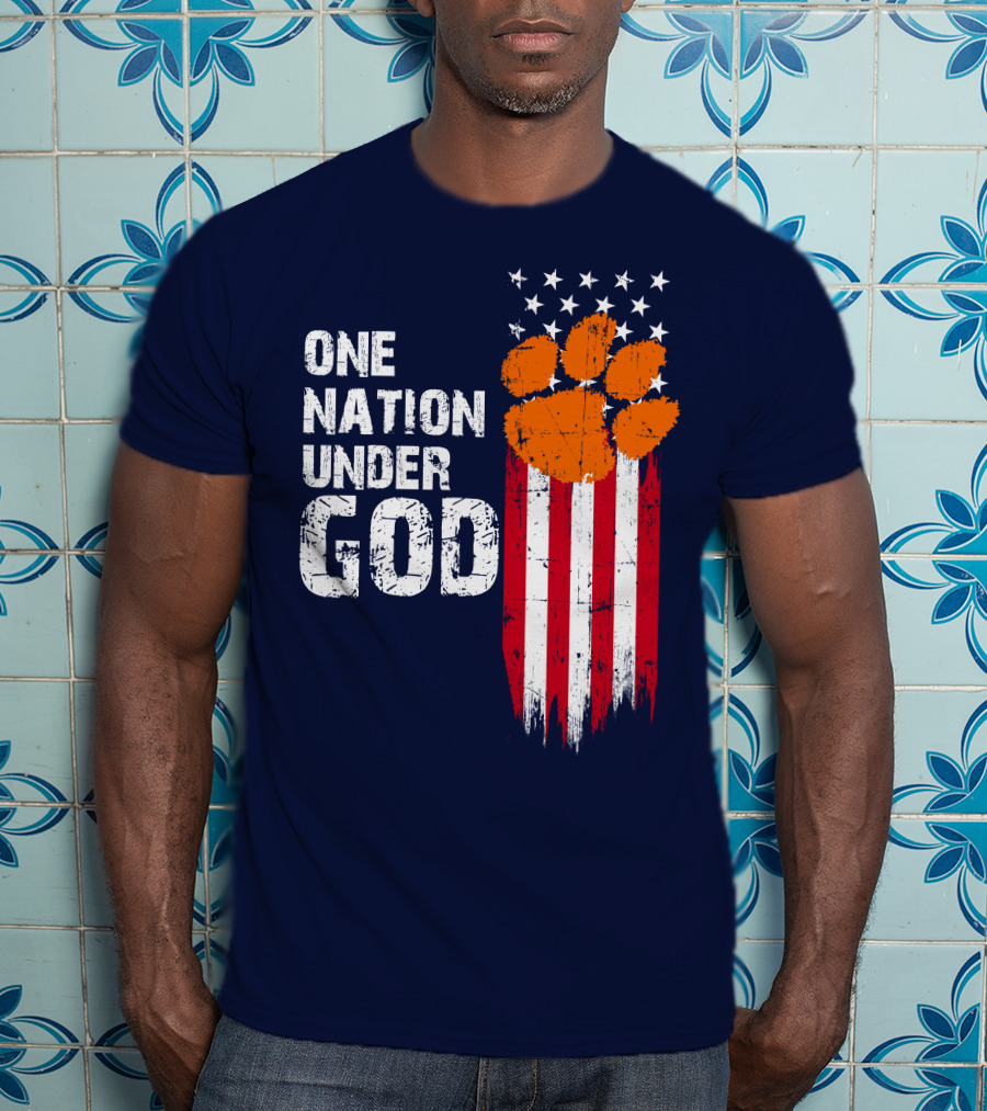 One Nation Under God Clemson Tigers American Flag Paw Print T-Shirt