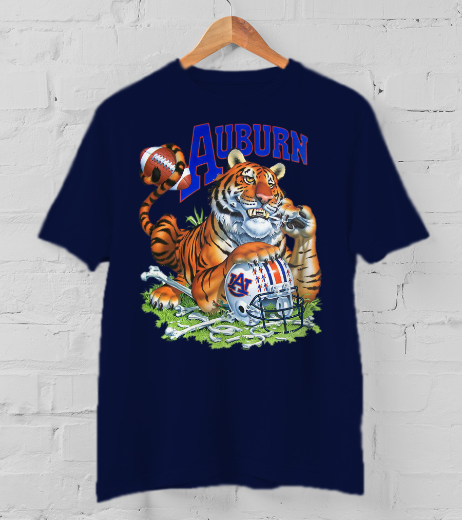 Auburn Tigers Football Tiger Holding Helmet With Bones And Football T-Shirt