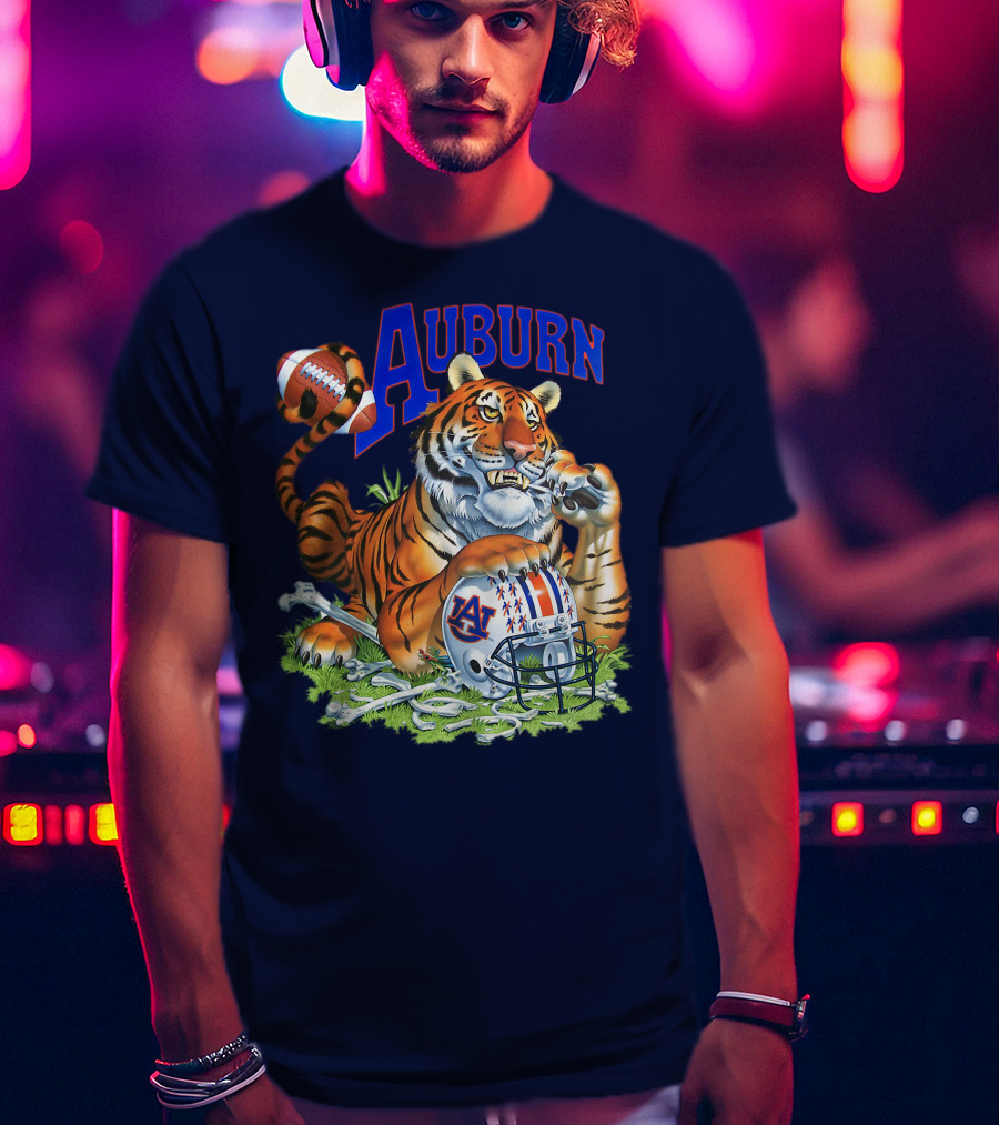 Auburn Tigers Football Tiger Holding Helmet With Bones And Football T-Shirt