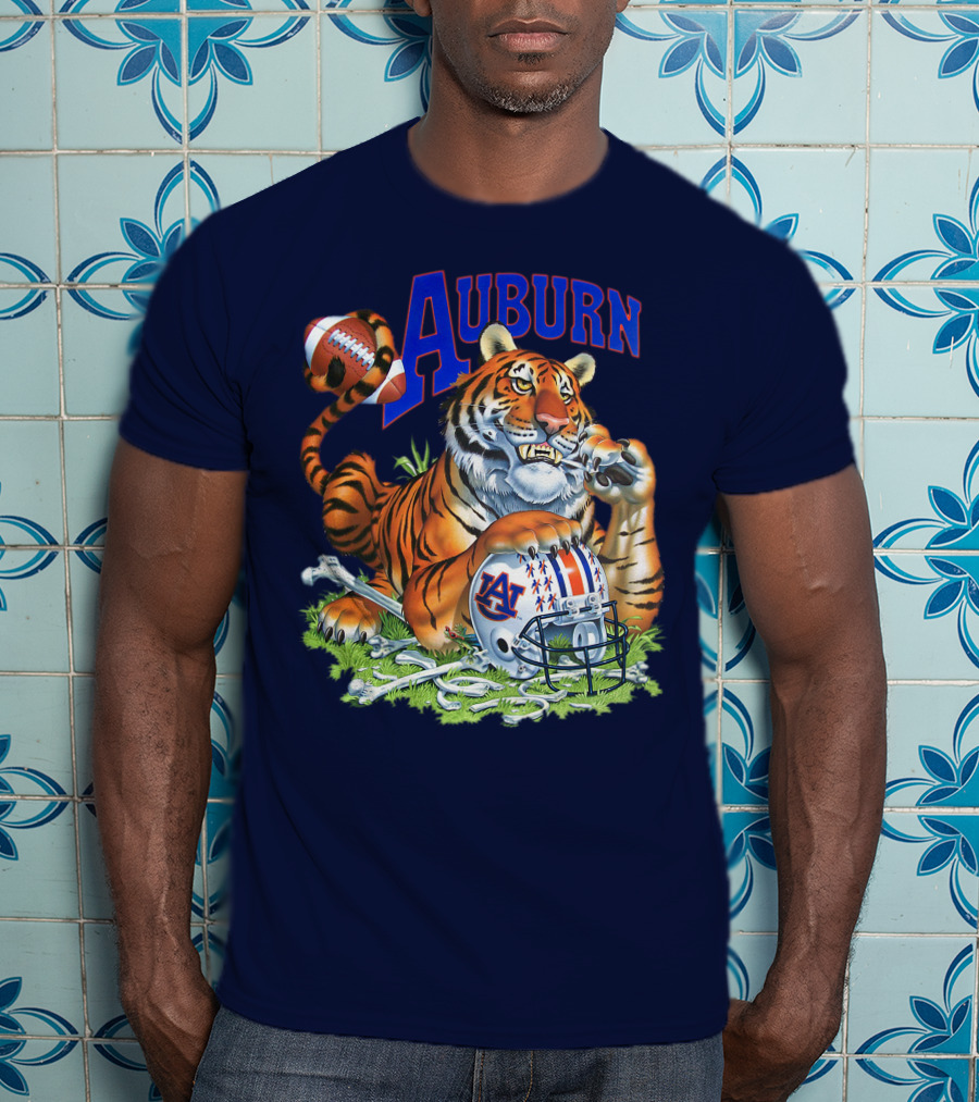 Auburn Tigers Football Tiger Holding Helmet With Bones And Football T-Shirt