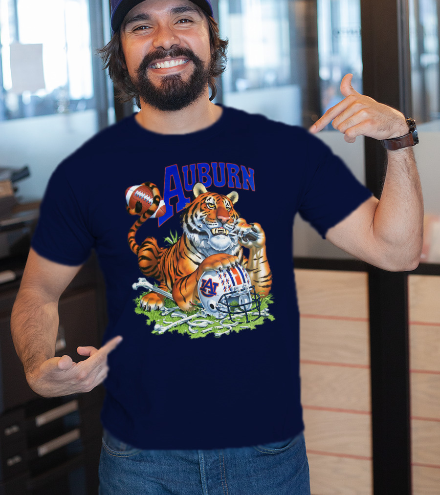 Auburn Tigers Football Tiger Holding Helmet With Bones And Football T-Shirt