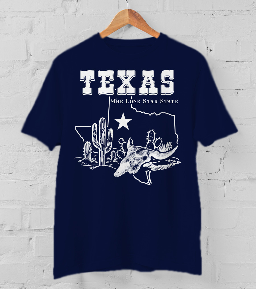 Texas The Lone Star State Map Outline With Cactus And Bull Skull T-Shirt