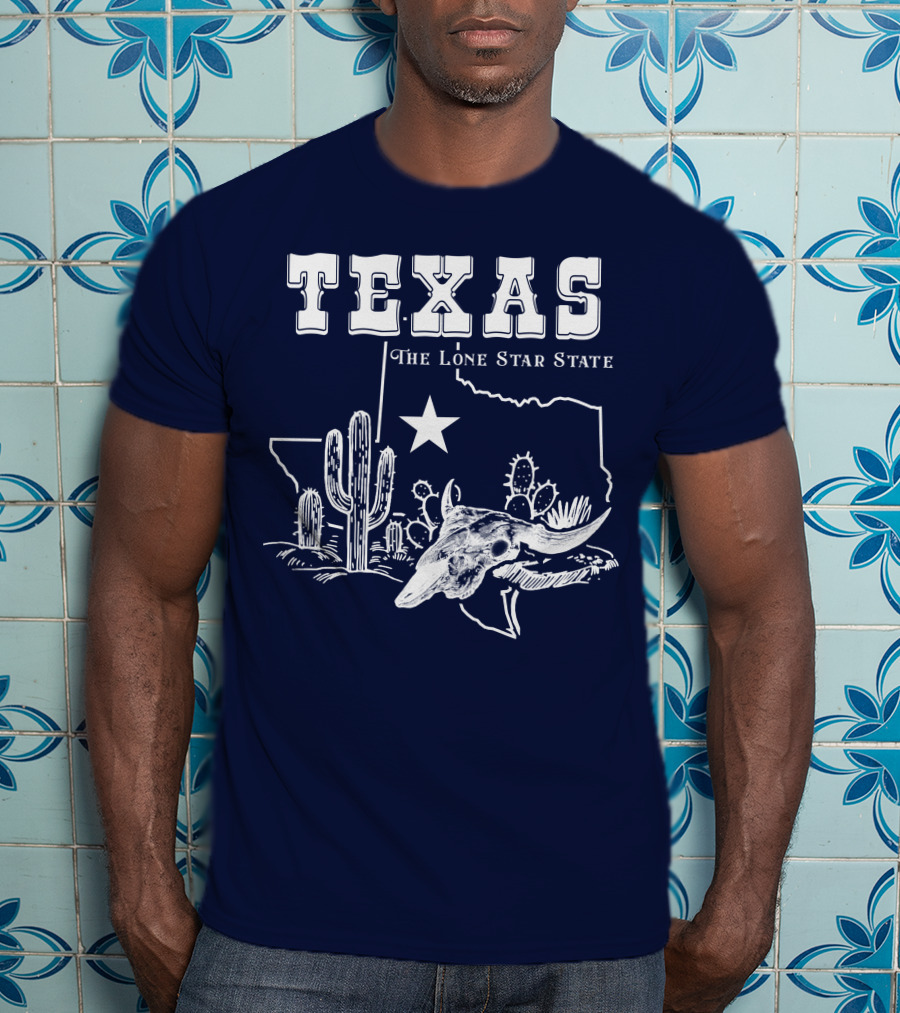 Texas The Lone Star State Map Outline With Cactus And Bull Skull T-Shirt