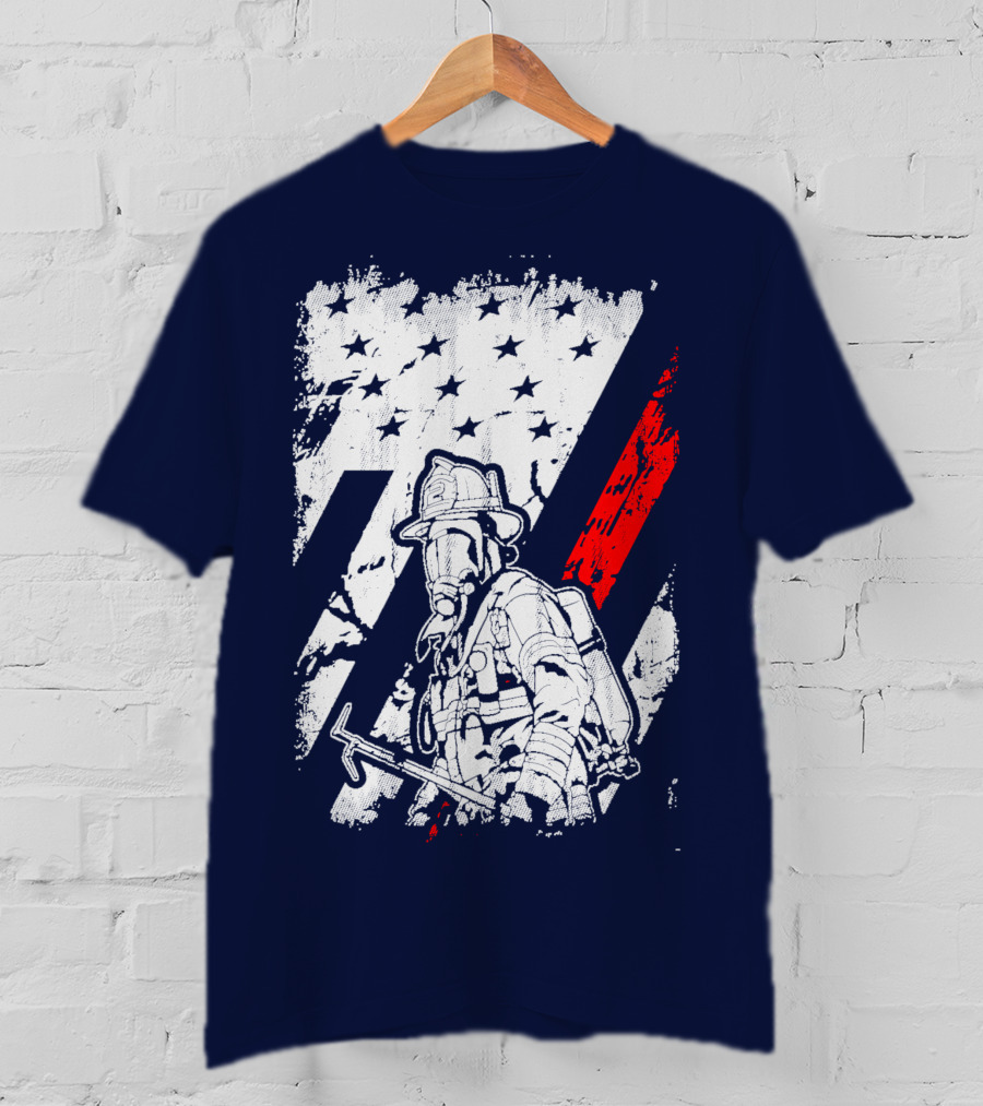 The Firefighters American Flag Tribute Heroic Firefighter With Axe And Stars And Stripes T-Shirt
