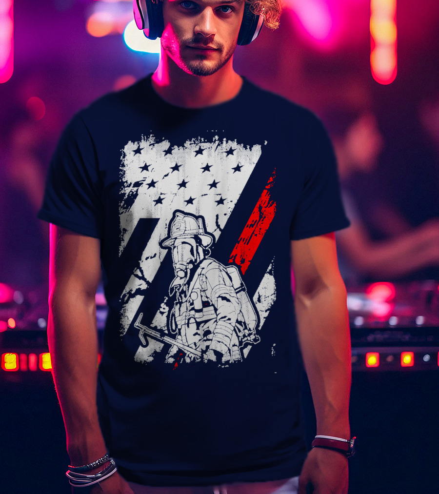 The Firefighters American Flag Tribute Heroic Firefighter With Axe And Stars And Stripes T-Shirt