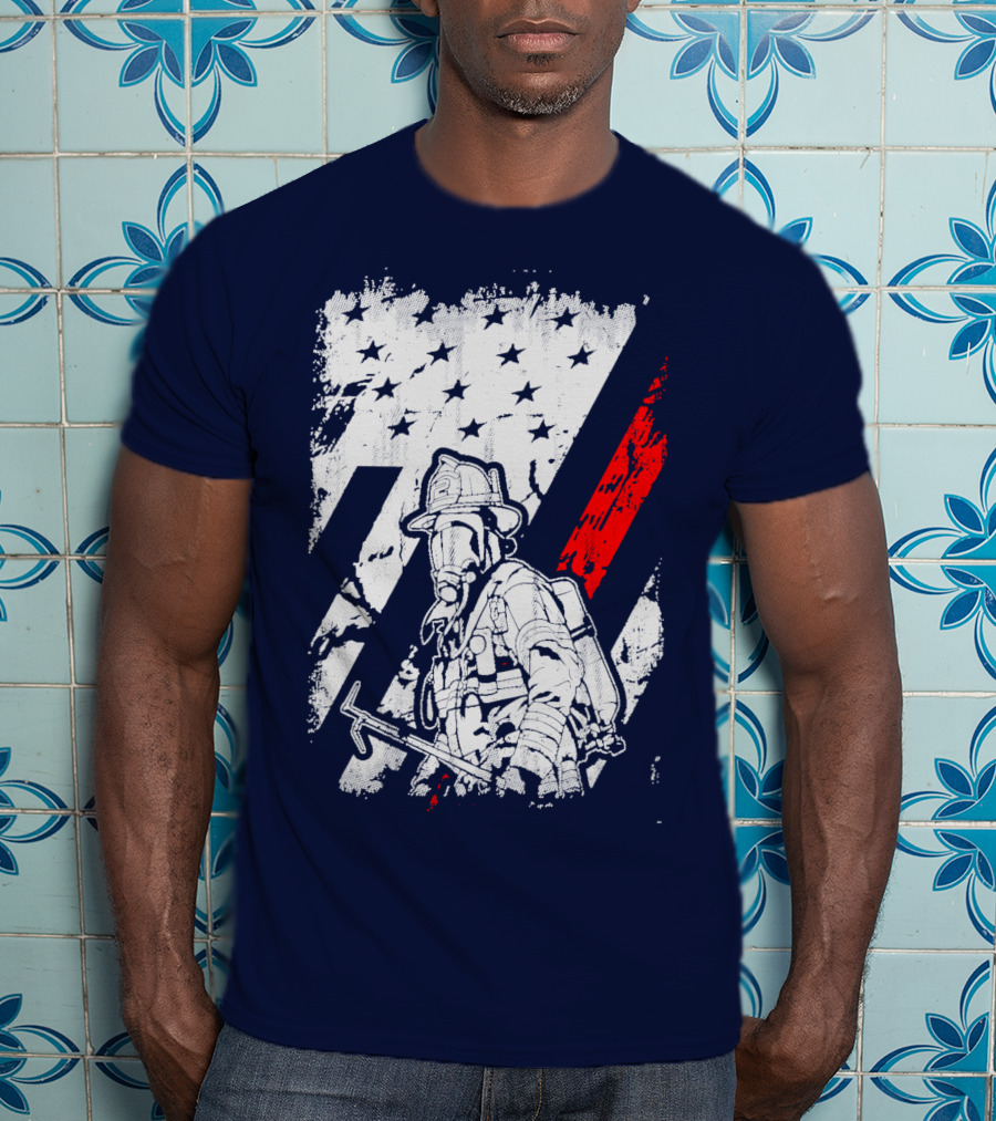 The Firefighters American Flag Tribute Heroic Firefighter With Axe And Stars And Stripes T-Shirt