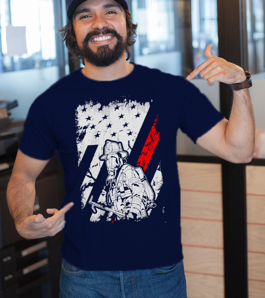 The Firefighters American Flag Tribute Heroic Firefighter With Axe And Stars And Stripes T-Shirt