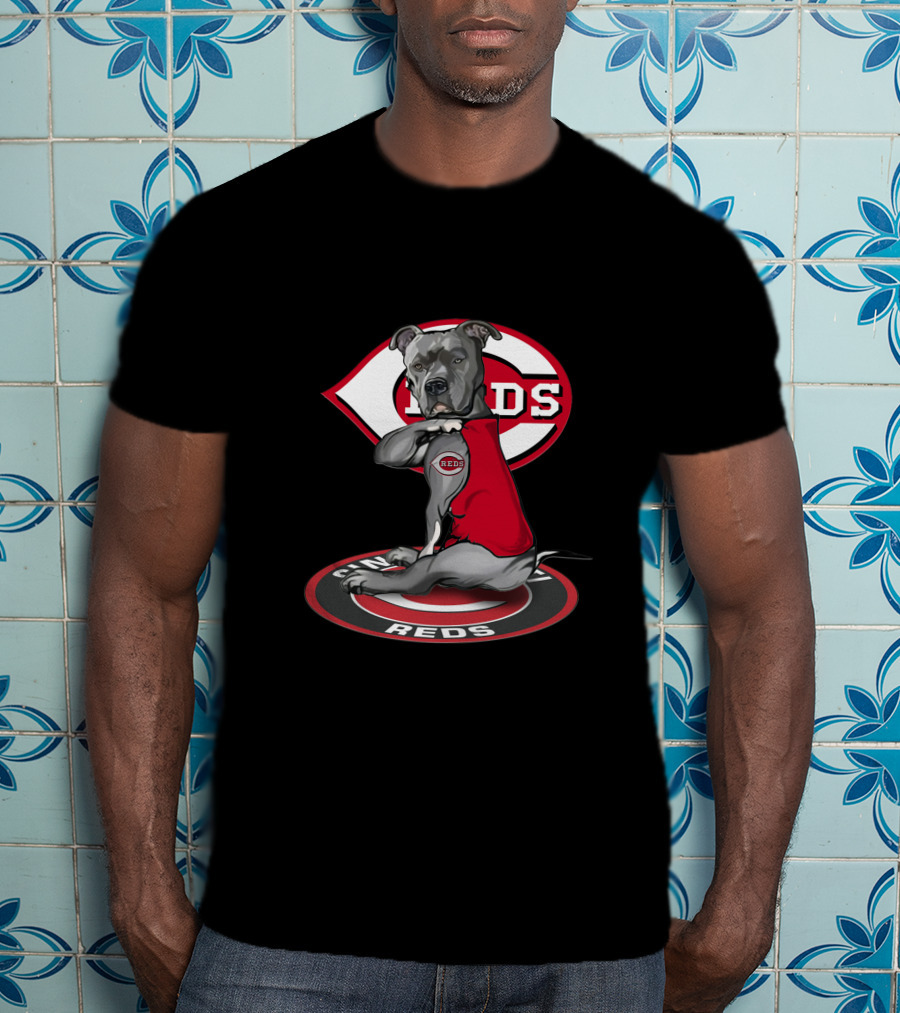 Cincinnati Reds Logo With Dog In Reds Jersey T-Shirt