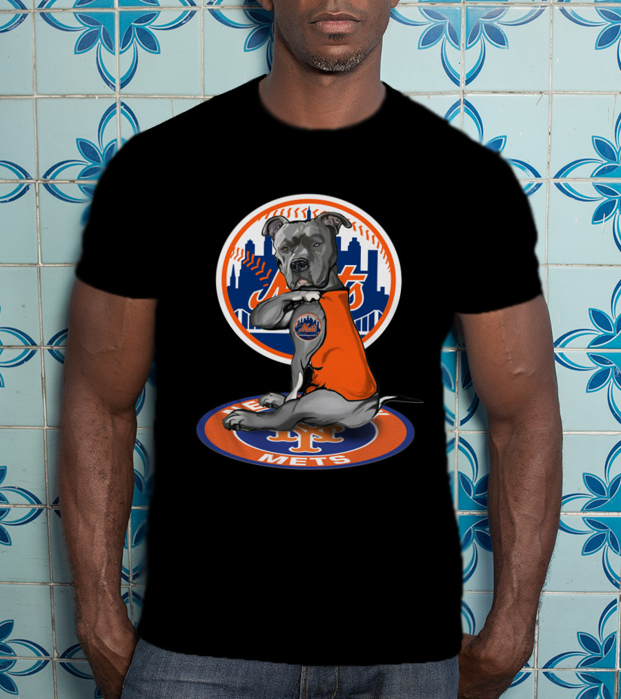 New York Mets Dog In Orange Shirt With Team Logo And Skyline T-Shirt