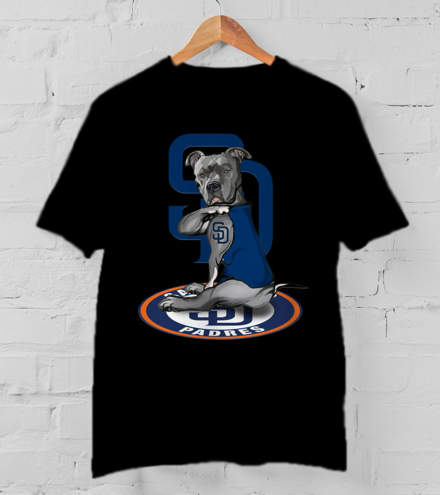 Sd Padres Dog With Blue Sweater And Logo On Black T-Shirt