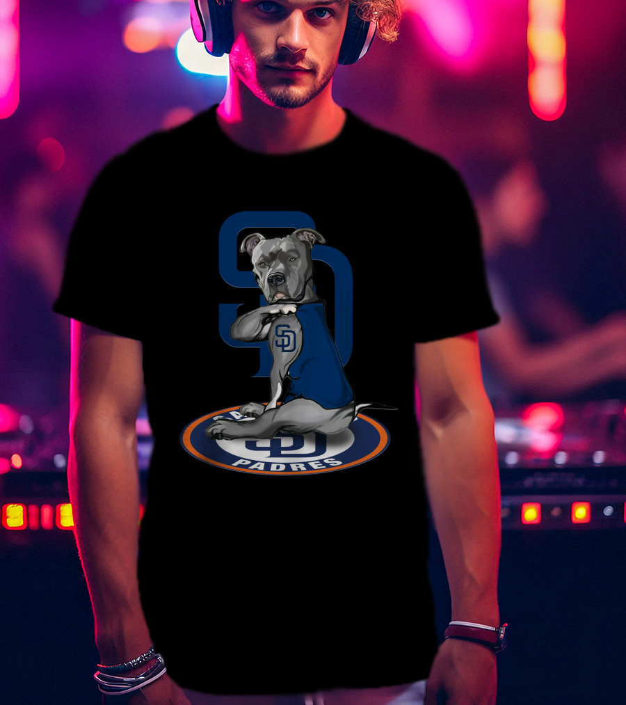 Sd Padres Dog With Blue Sweater And Logo On Black T-Shirt