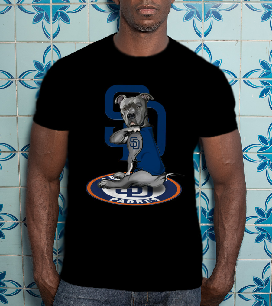 Sd Padres Dog With Blue Sweater And Logo On Black T-Shirt