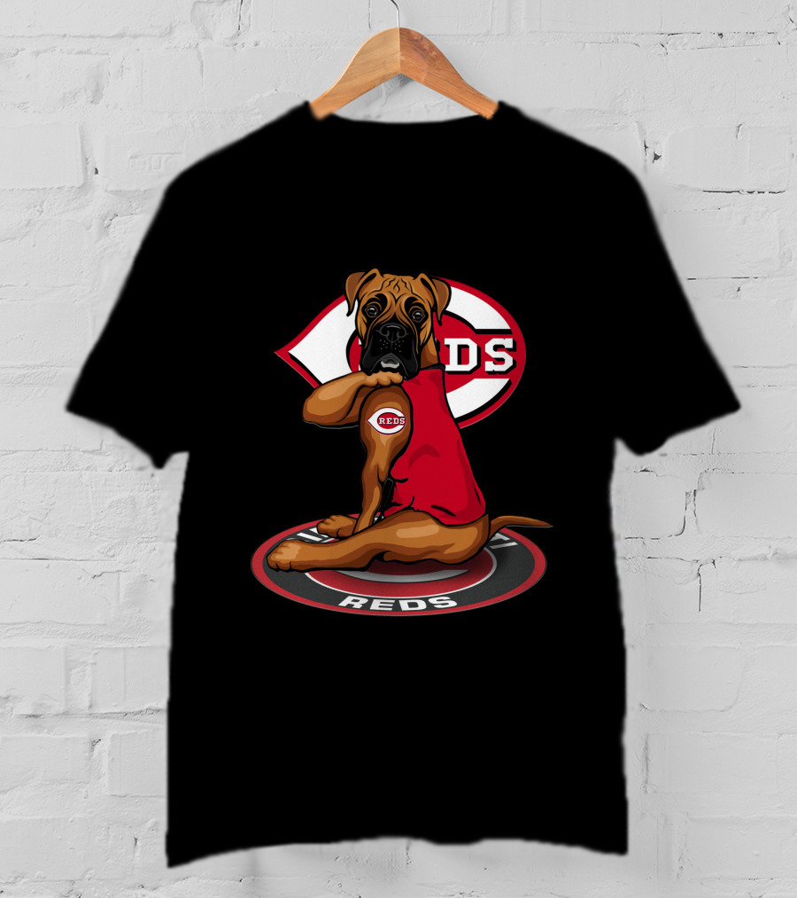 Cincinnati Reds Dog With Logo And Jersey Sitting On Reds T-Shirt