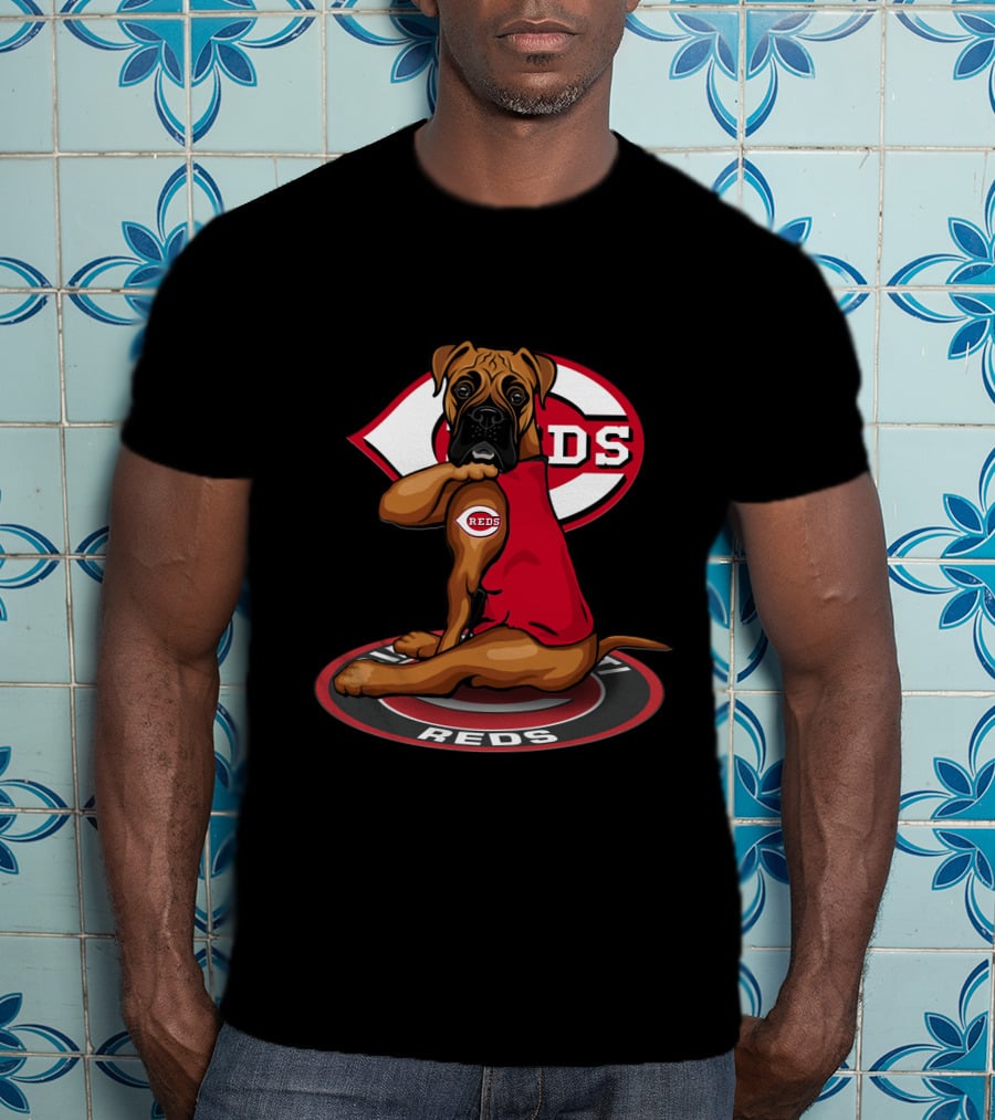 Cincinnati Reds Dog With Logo And Jersey Sitting On Reds T-Shirt