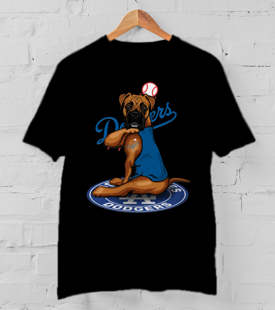 Los Angeles Dodgers Boxer Dog With Baseball And Logo Elements T-Shirt