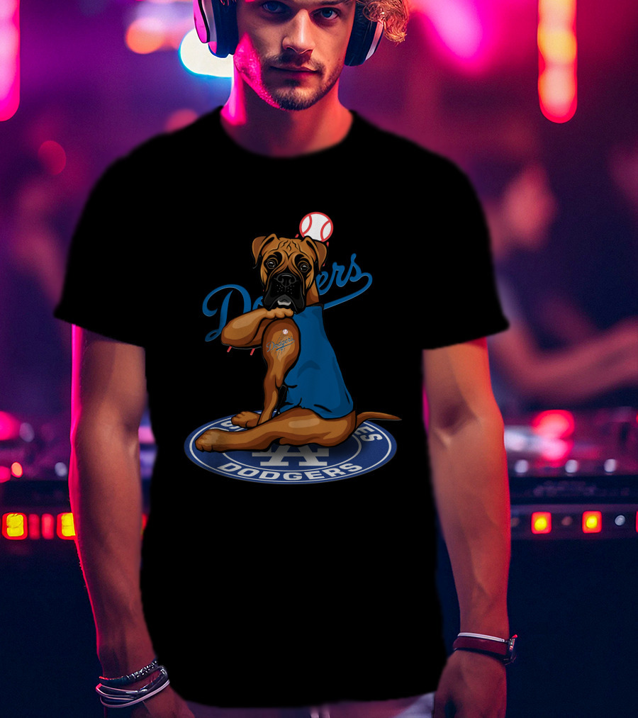 Los Angeles Dodgers Boxer Dog With Baseball And Logo Elements T-Shirt