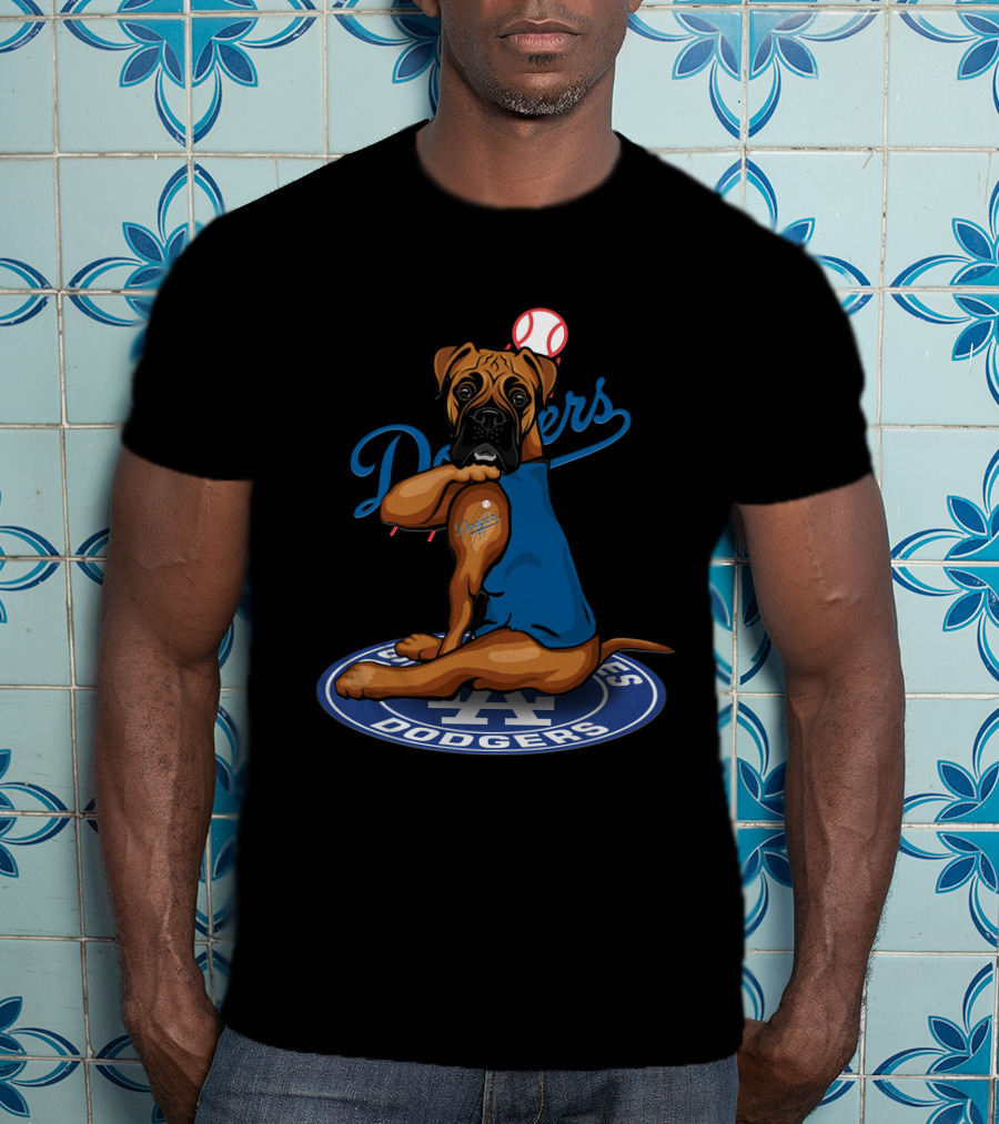 Los Angeles Dodgers Boxer Dog With Baseball And Logo Elements T-Shirt