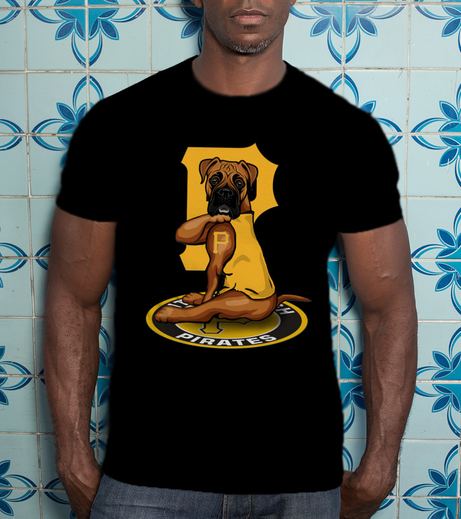 Pittsburgh Pirates Boxer Dog In Yellow Jersey With Vintage T-Shirt