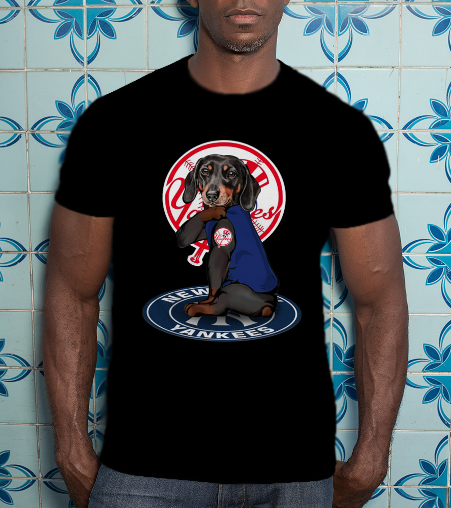 Yankees Dachshund In New York Yankees Logo With Baseball Elements T-Shirt
