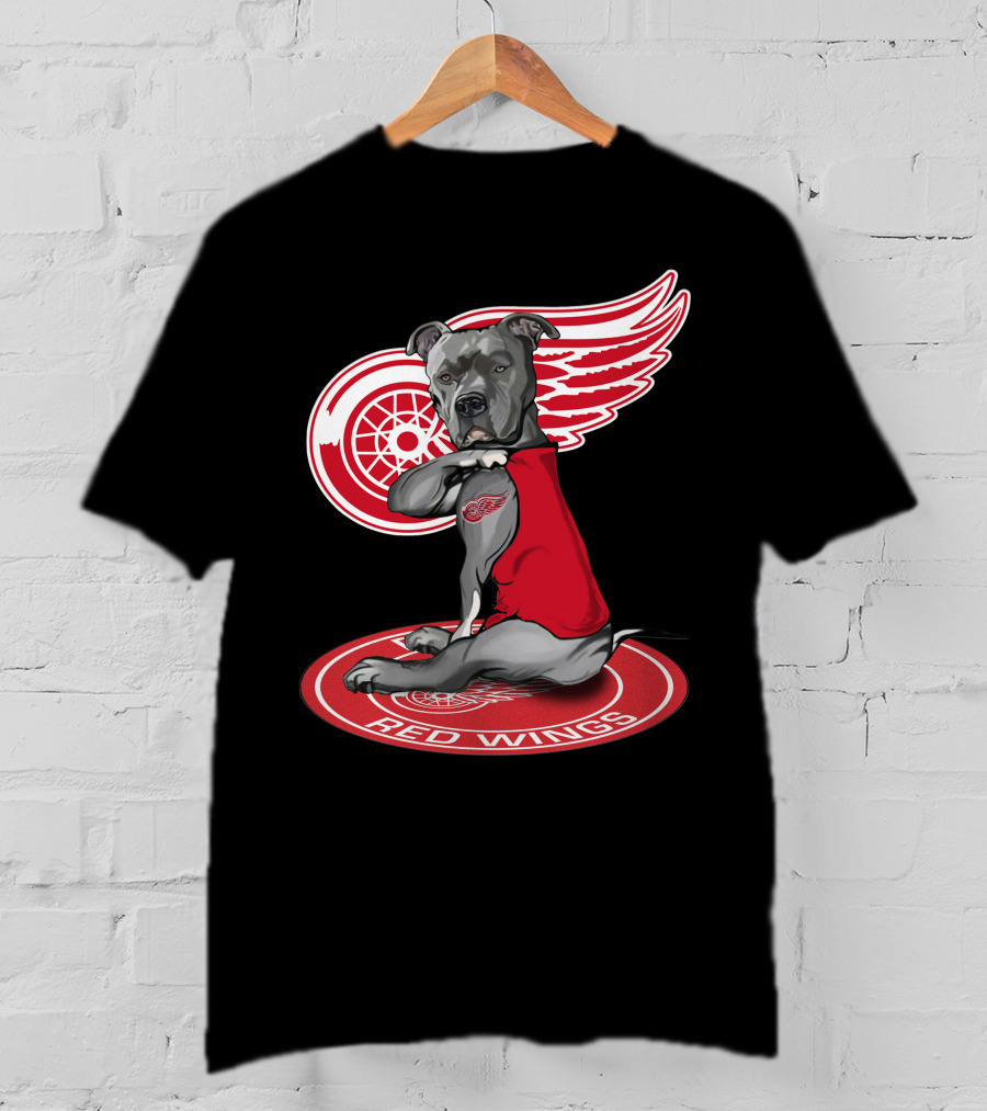 Detroit Red Wings Dog With Logo Wings And Red Vest T-Shirt