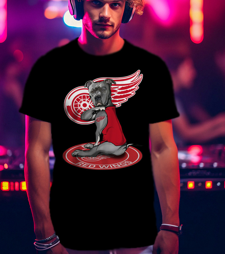 Detroit Red Wings Dog With Logo Wings And Red Vest T-Shirt