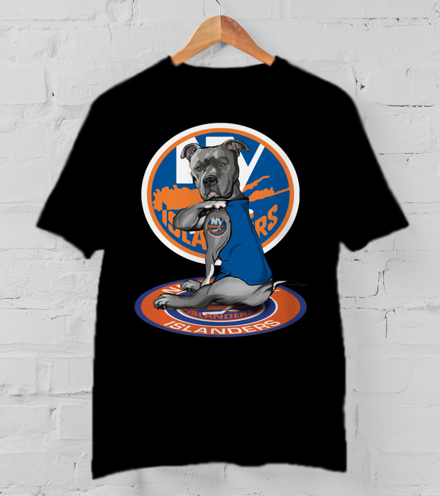 NY Islanders Dog Wearing Team Logo With Circular Orange T-Shirt