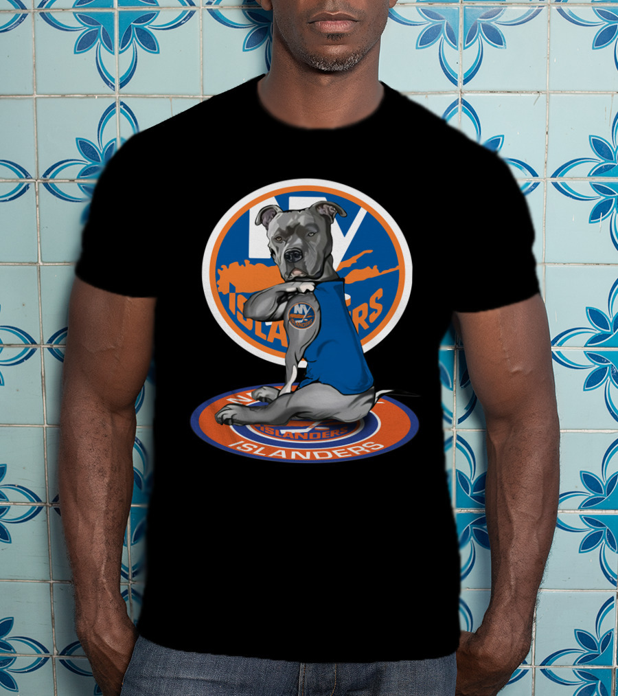 NY Islanders Dog Wearing Team Logo With Circular Orange T-Shirt