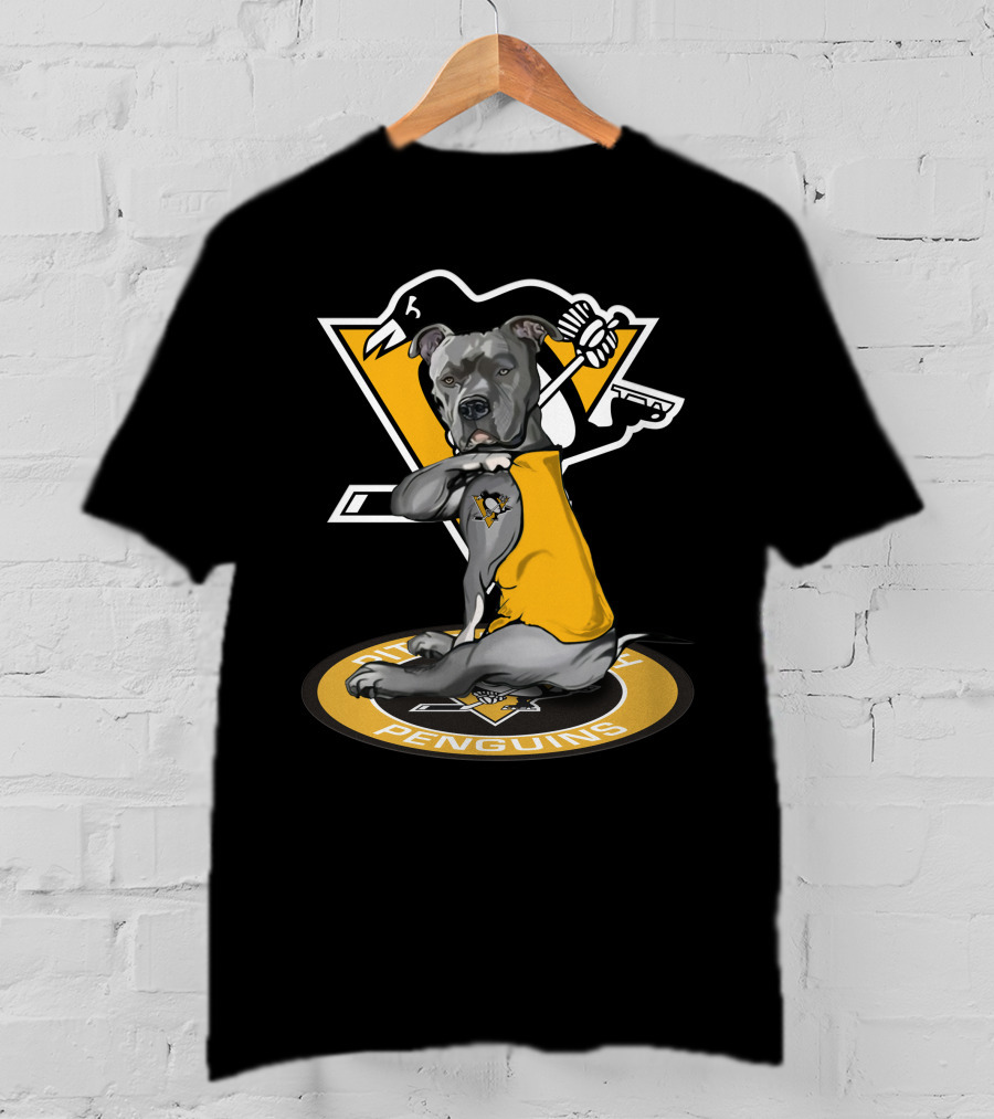 Pittsburgh Penguins Dog In Yellow Jersey With Hockey Stick T-Shirt