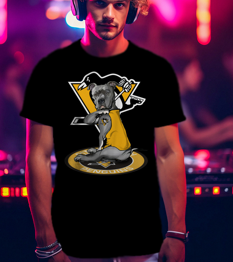 Pittsburgh Penguins Dog In Yellow Jersey With Hockey Stick T-Shirt
