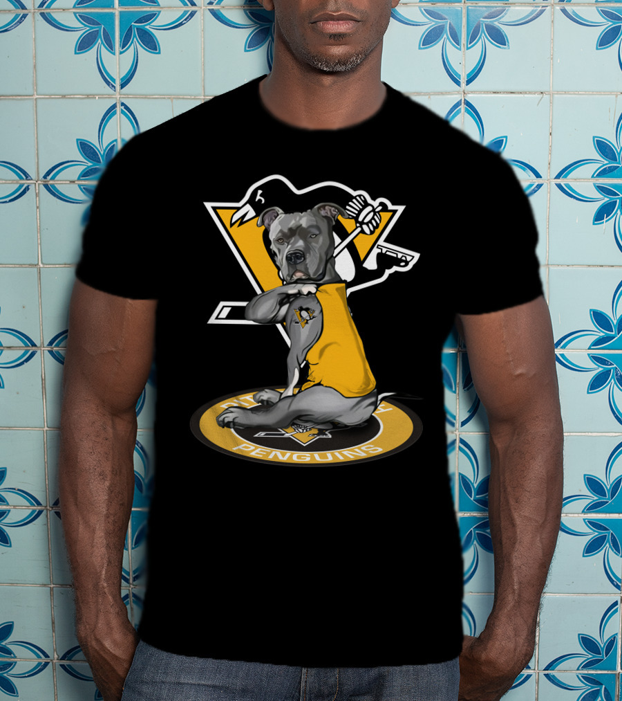 Pittsburgh Penguins Dog In Yellow Jersey With Hockey Stick T-Shirt