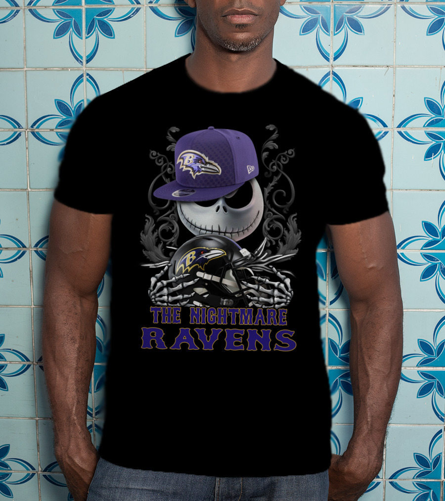 The Nightmare Ravens Baltimore Ravens Skull With Hat And Helmet T-Shirt