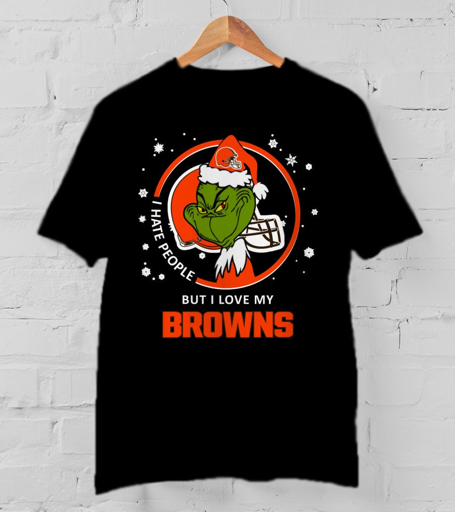 I Hate People But I Love My Browns Cleveland Browns Grinch Santa Hat Snowflakes T-Shirt