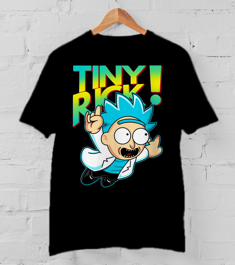 Tiny Rick Flying Character With Blue Hair And White Lab Coat T-Shirt