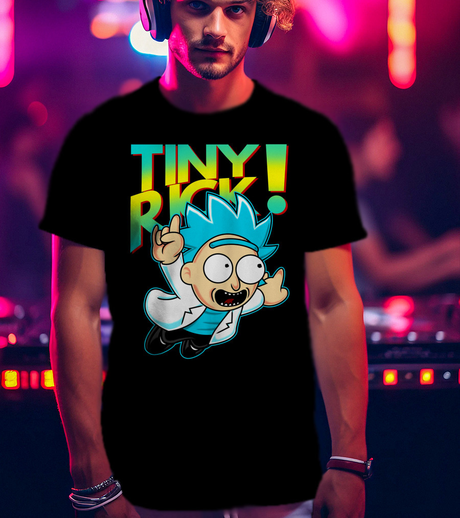 Tiny Rick Flying Character With Blue Hair And White Lab Coat T-Shirt