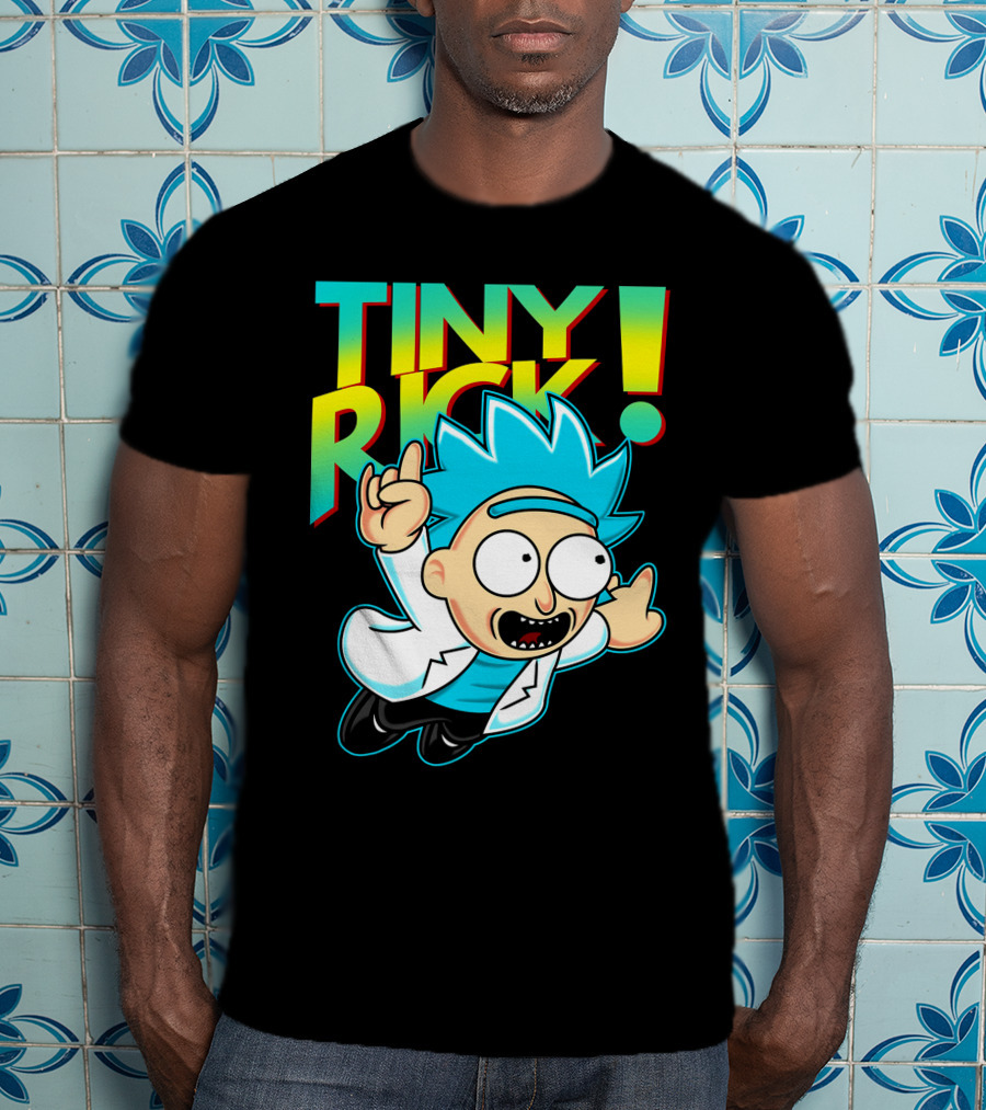 Tiny Rick Flying Character With Blue Hair And White Lab Coat T-Shirt