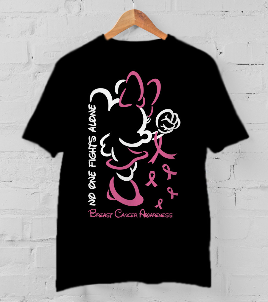 No One Fights Alone Breast Cancer Awareness Minnie Bow Pink T-Shirt