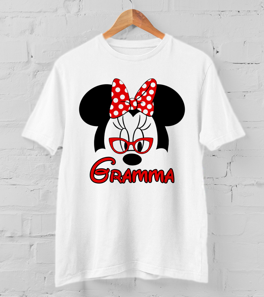 Minnie Mouse Gramma Red Glasses And Polka Dot Bow T-Shirt