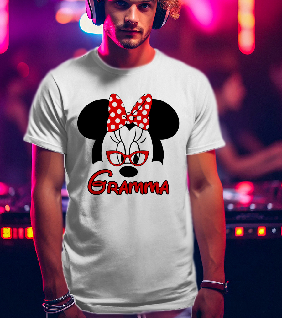 Minnie Mouse Gramma Red Glasses And Polka Dot Bow T-Shirt