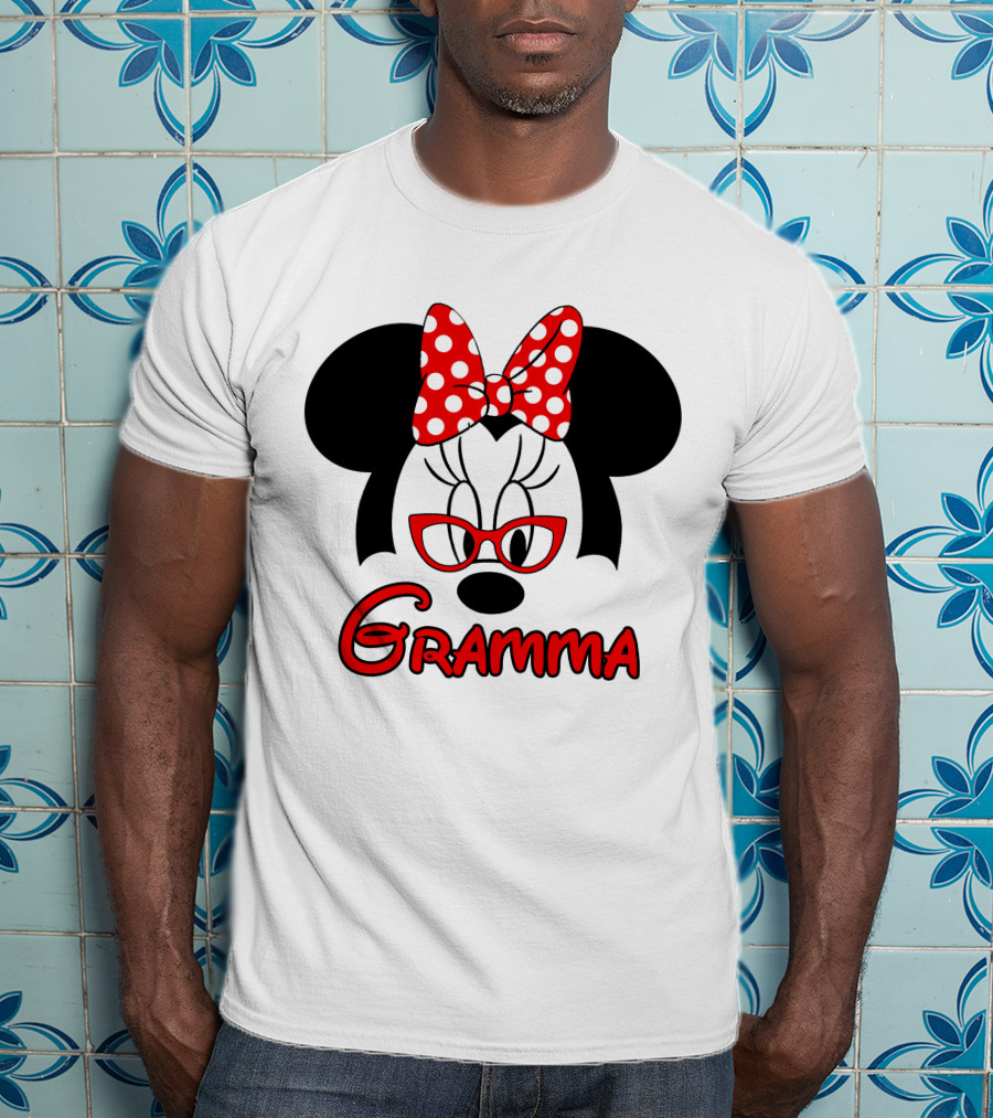 Minnie Mouse Gramma Red Glasses And Polka Dot Bow T-Shirt