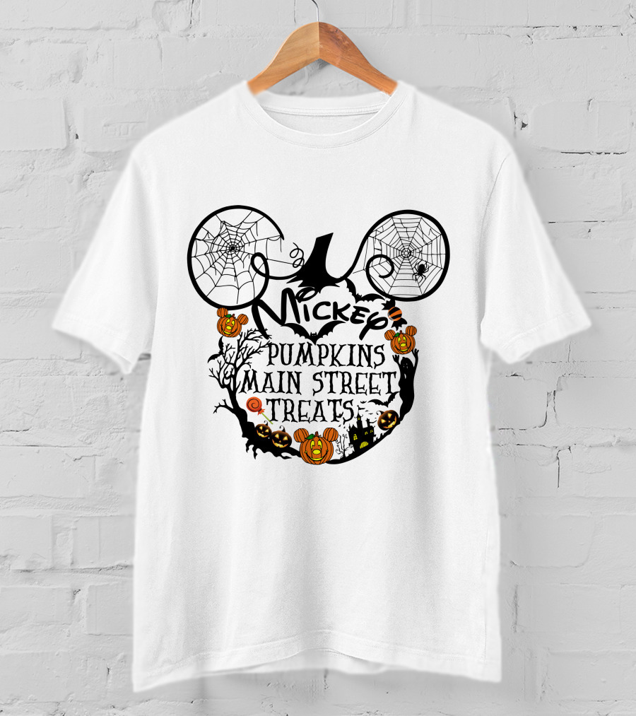 Mickey Pumpkins Main Street Treats Halloween Spooky Ears And Cobwebs T-Shirt