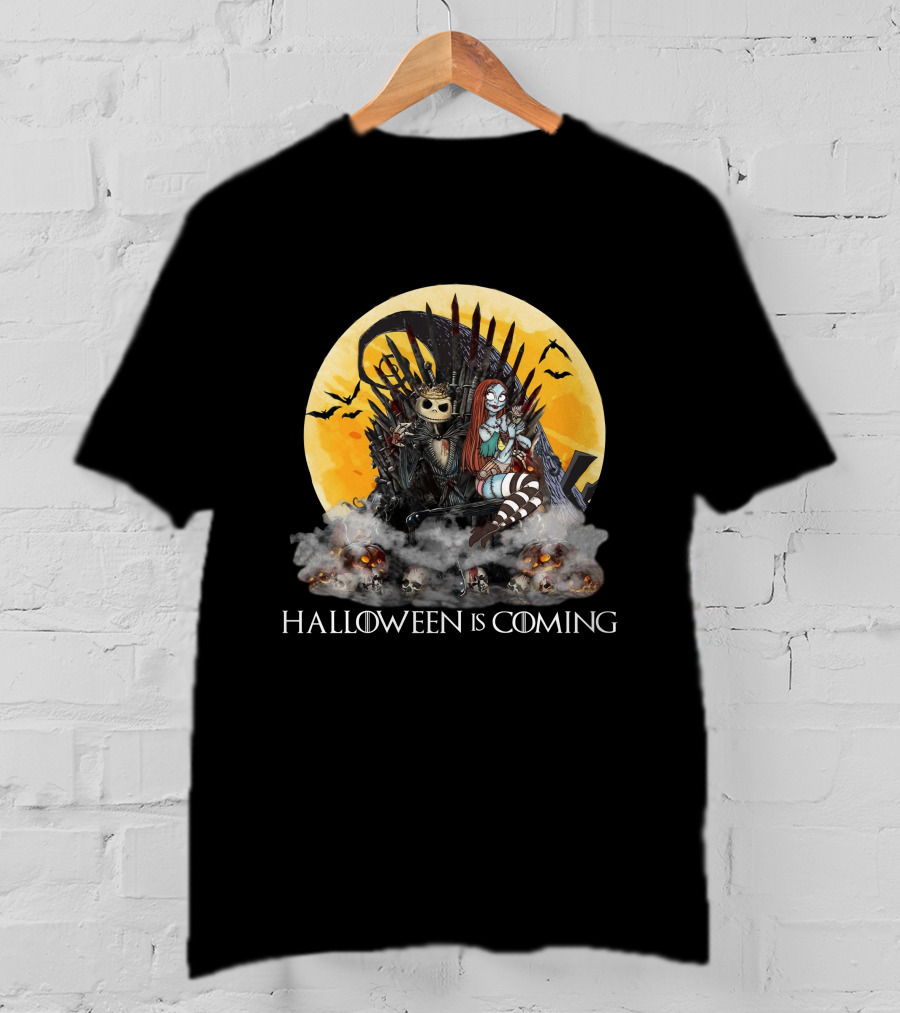Halloween Is Coming With Skeleton King And Gothic Queen Throne Moon Bats Skulls T-Shirt