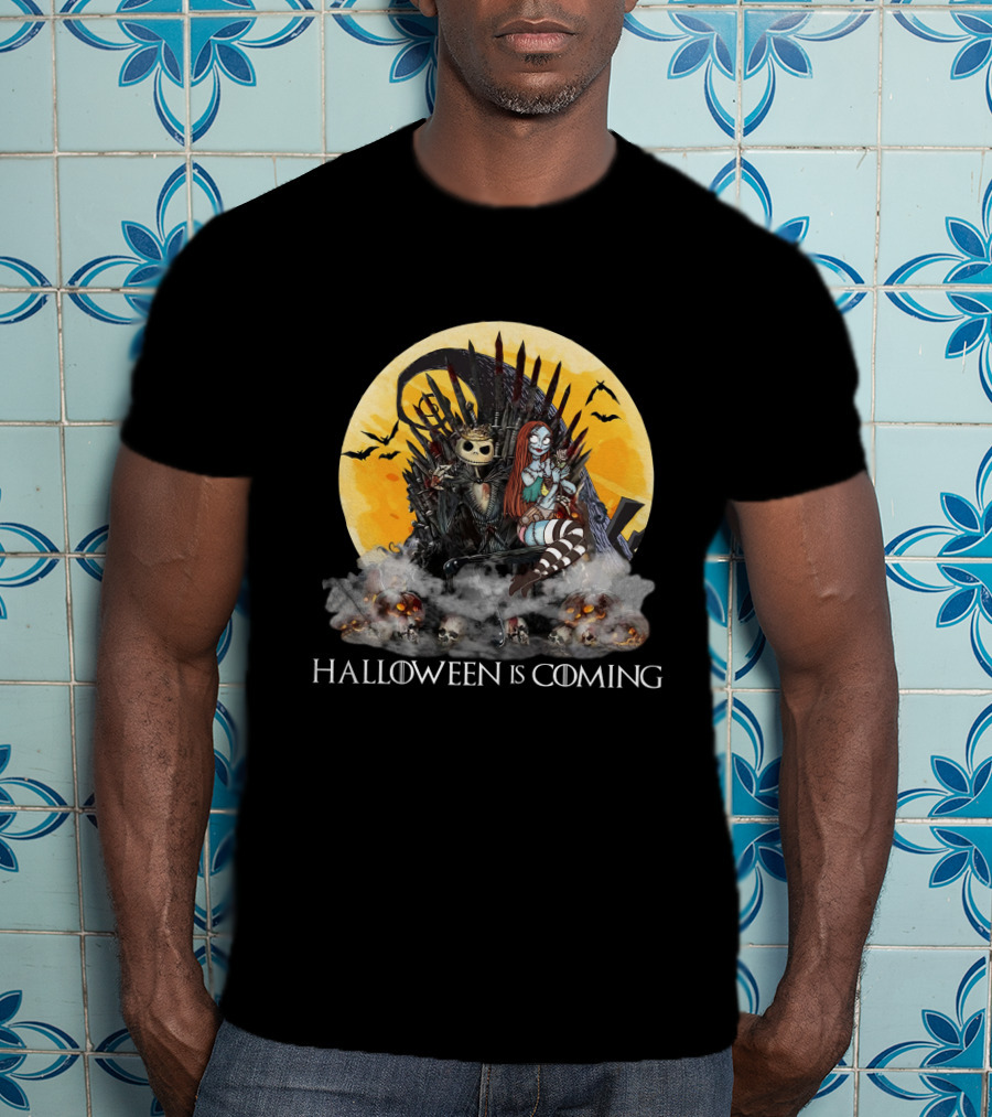 Halloween Is Coming With Skeleton King And Gothic Queen Throne Moon Bats Skulls T-Shirt