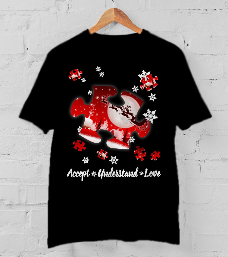Accept Understand Love Autism Puzzle Christmas Snowflakes Santa Sleigh T-Shirt