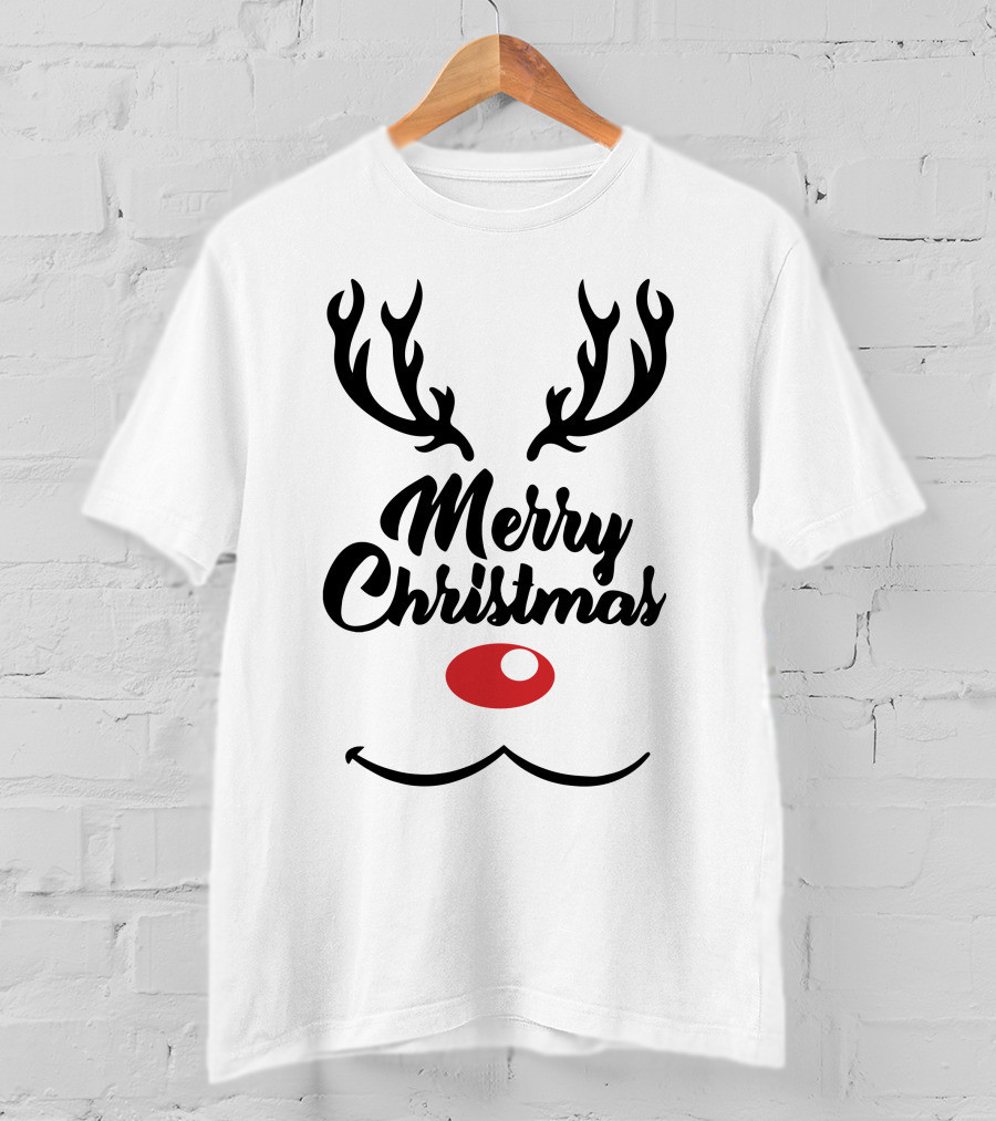 Merry Christmas Reindeer Antlers With Red Nose T-Shirt