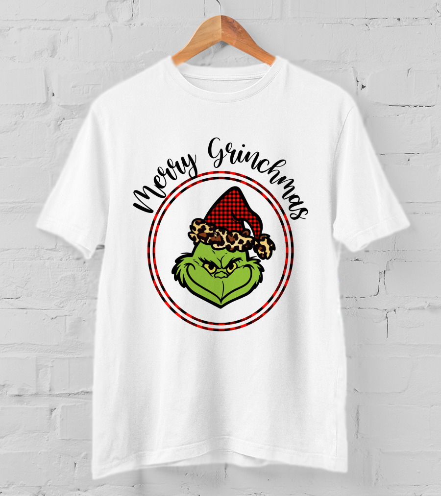 Merry Grinchmas Plaid Santa Hat Grinch Face T-Shirt